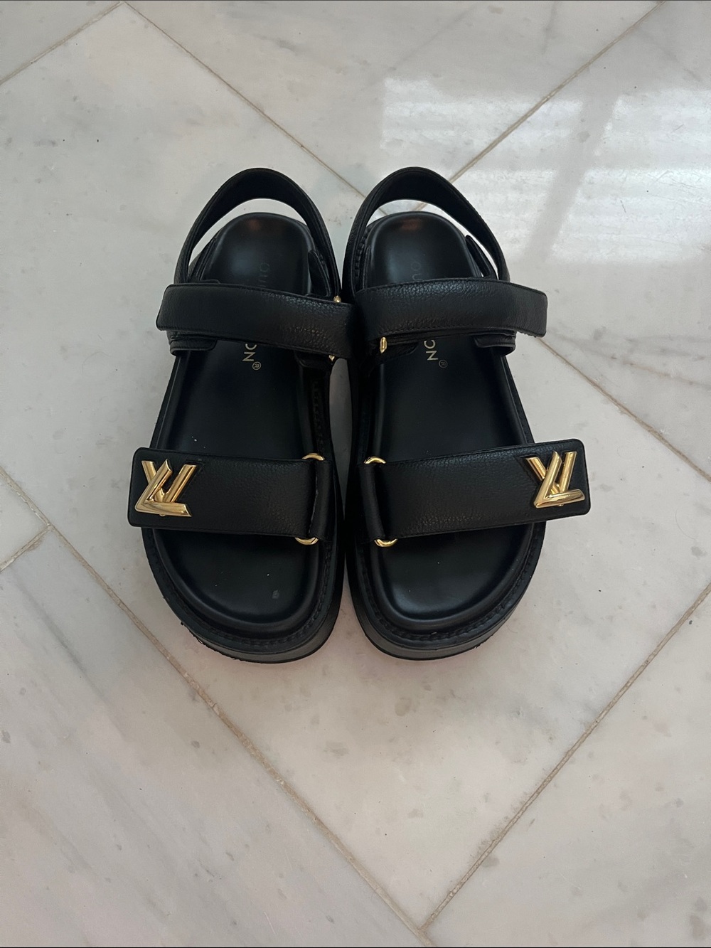Louis Vuitton Black Leather women Sandals with Gold LV Accents